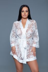2275 Delia Robe Floral Lace Robe with Satin Trimming (Color: White, size: 2X)