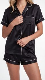 2951 Satin PJ Set W/ Piping (Color: Black, size: S)