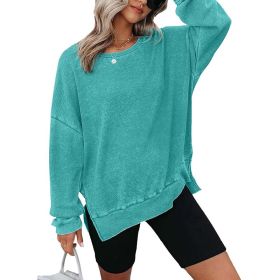 Womens Waffle Knit Crewneck Sweatshirts Long Sleeve Side Slits Casual Pullover Sweatshirt Tops (Option: Sky Blue-M)