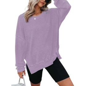 Womens Waffle Knit Crewneck Sweatshirts Long Sleeve Side Slits Casual Pullover Sweatshirt Tops (Option: Purple-2XL)