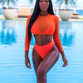 Sexy Swimsuit Bikini Set Three-Piece Suit Bandage Push-Up Beachwear Brazilian Swimwear (Color: Orange, size: L)