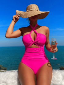 Ladies' cross pleated sexy hanging neck and exposed waist one-piece bikini swimsuit (Color: Pink, size: S)