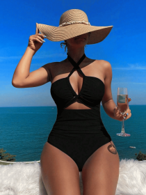 Ladies' cross pleated sexy hanging neck and exposed waist one-piece bikini swimsuit (Color: Black, size: XL)