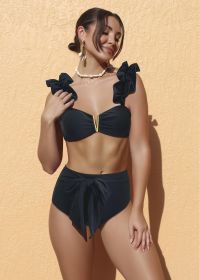 Ladies' split ruffle edge solid color high waist sexy bikini swimsuit looks slim (size: S)