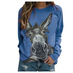 Loose Round Neck Donkey Head Floral Print Long Sleeve Pullover (Option: Blue-S)