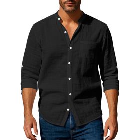 Long Sleeve Stand Collar Shirt With Pockets Casual Men's Clothing (Option: Black-XXXL)