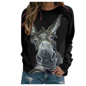 Loose Round Neck Donkey Head Floral Print Long Sleeve Pullover (Option: Black-3XL)