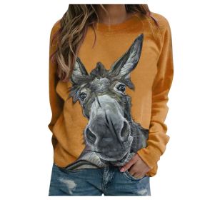 Loose Round Neck Donkey Head Floral Print Long Sleeve Pullover (Option: Yellow-3XL)