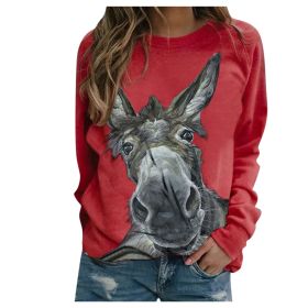 Loose Round Neck Donkey Head Floral Print Long Sleeve Pullover (Option: Red-3XL)