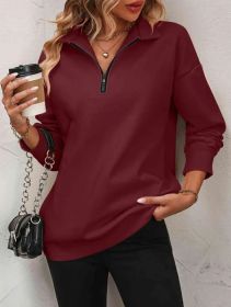 Women's Fashion Half Long-sleeve Zipper Sweatshirt Fashion Pullover (Option: Wine Red-XXL)